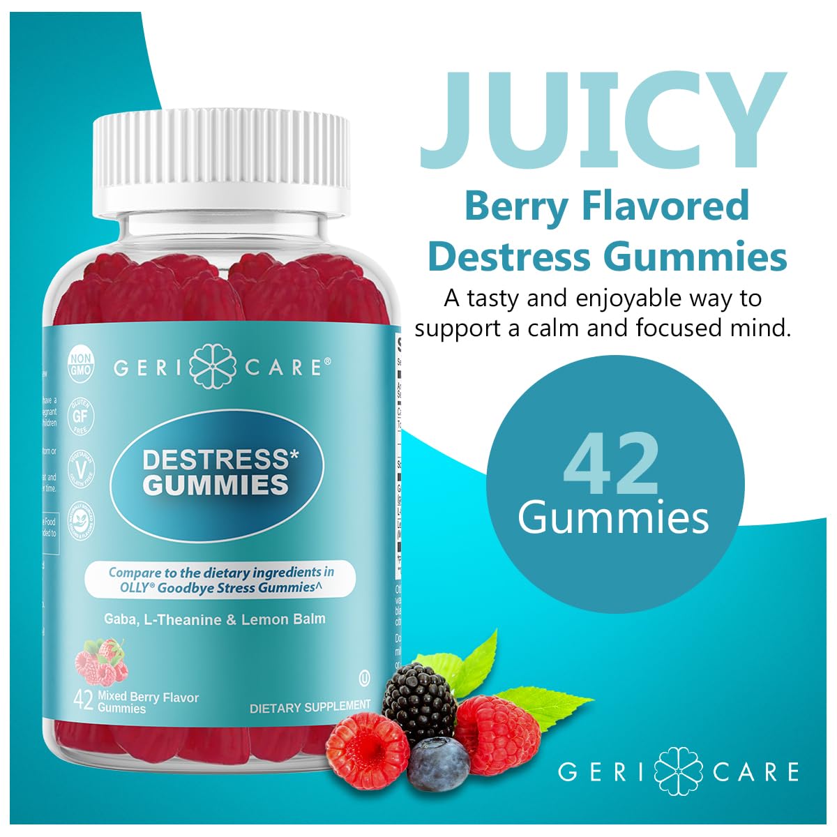 GeriCare Gummies DeStress, emballage avec fruits rouges