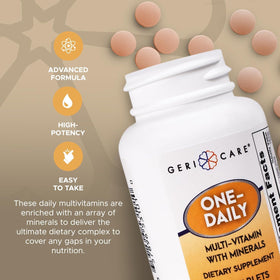 GeriCare Multivitamines, comprimés sur une surface blanche