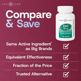 GeriCare Sulfate de Zinc 50mg comprimés sur une surface blanche