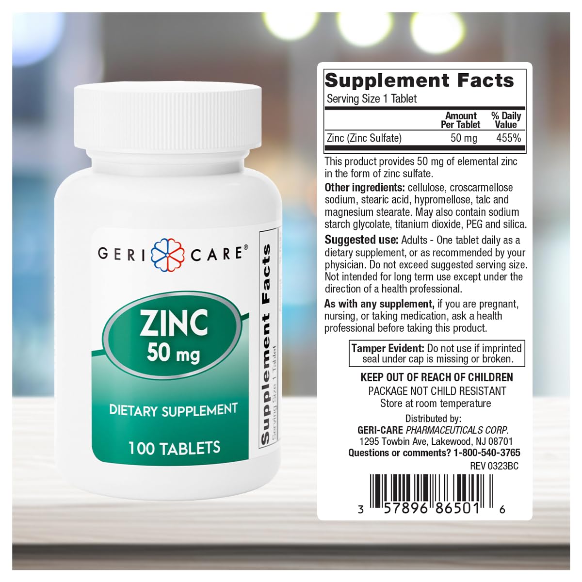 GeriCare Sulfate de Zinc 50mg flacon de 100 comprimés vue de côté