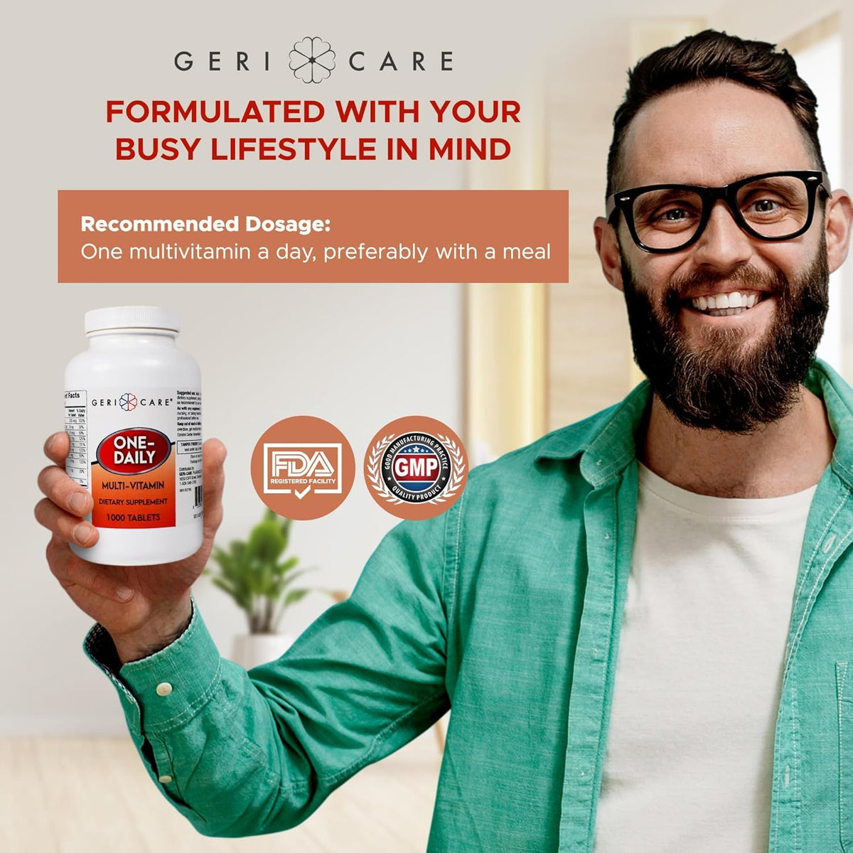 GeriCare tablettes multivitamines dans une cuisine lumineuse