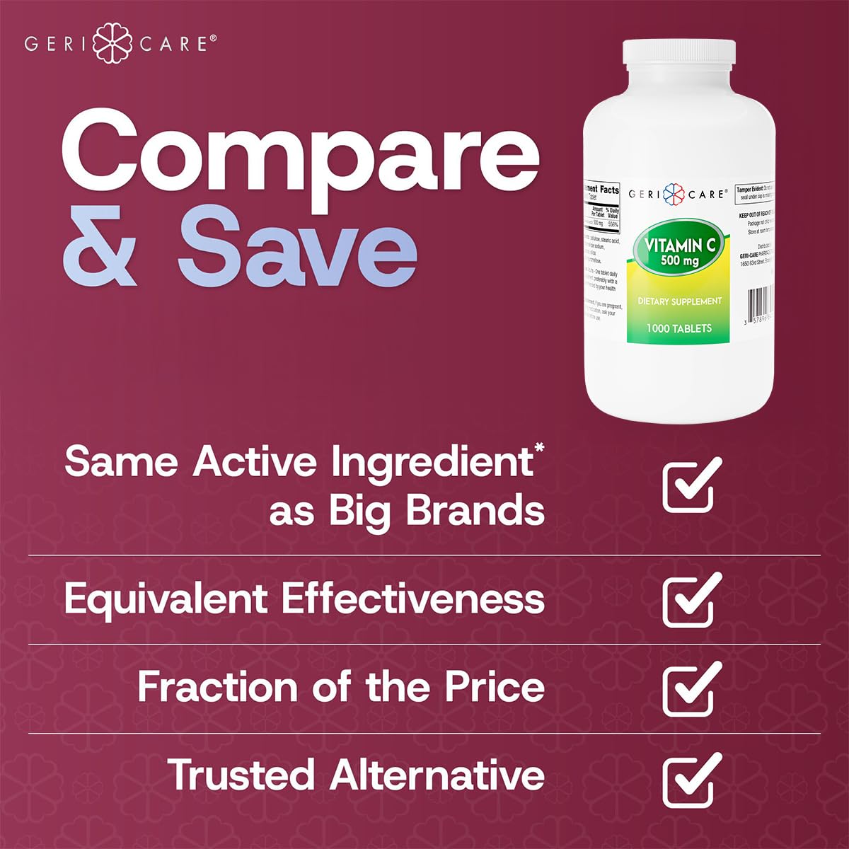 GeriCare Vitamine C 500 mg flacon avec étiquette