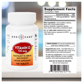 GeriCare Vitamine D 125 mcg comprimés sur un fond neutre