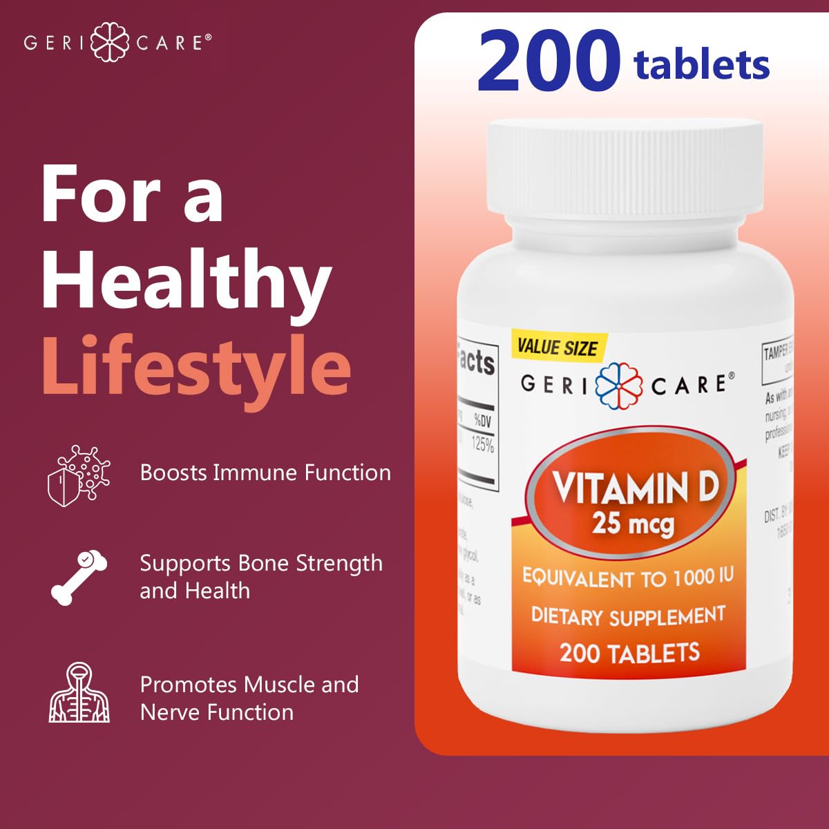 GeriCare Vitamine D-3 25 mcg 200 comprimés avec une main