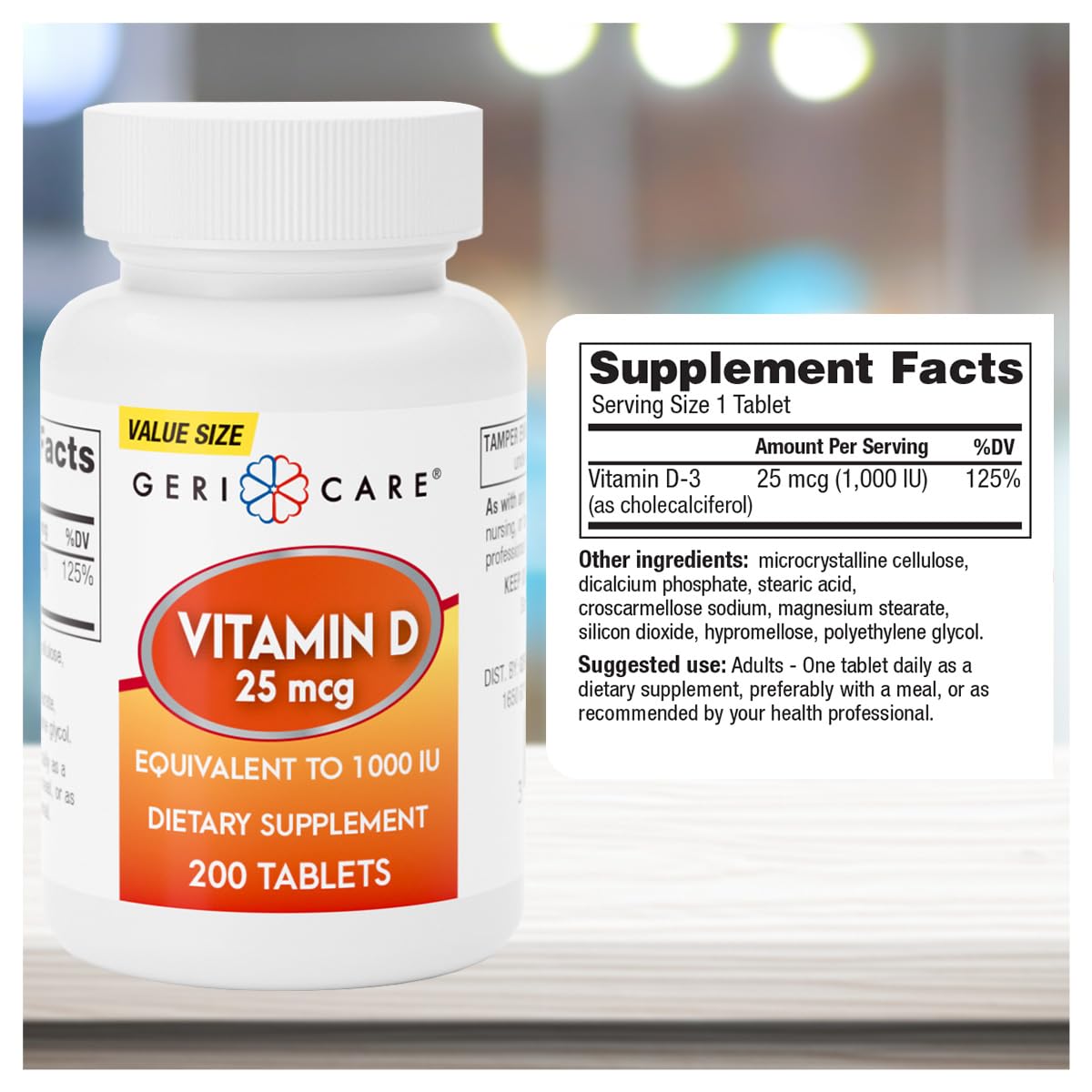 GeriCare Vitamine D-3 25 mcg comprimés sur une surface