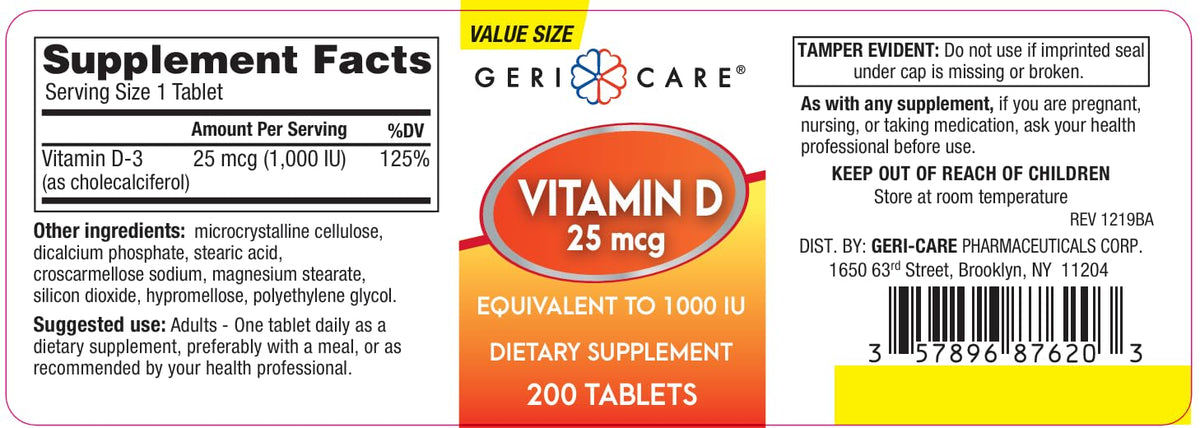 GeriCare Vitamine D-3 25 mcg comprimés sur une table