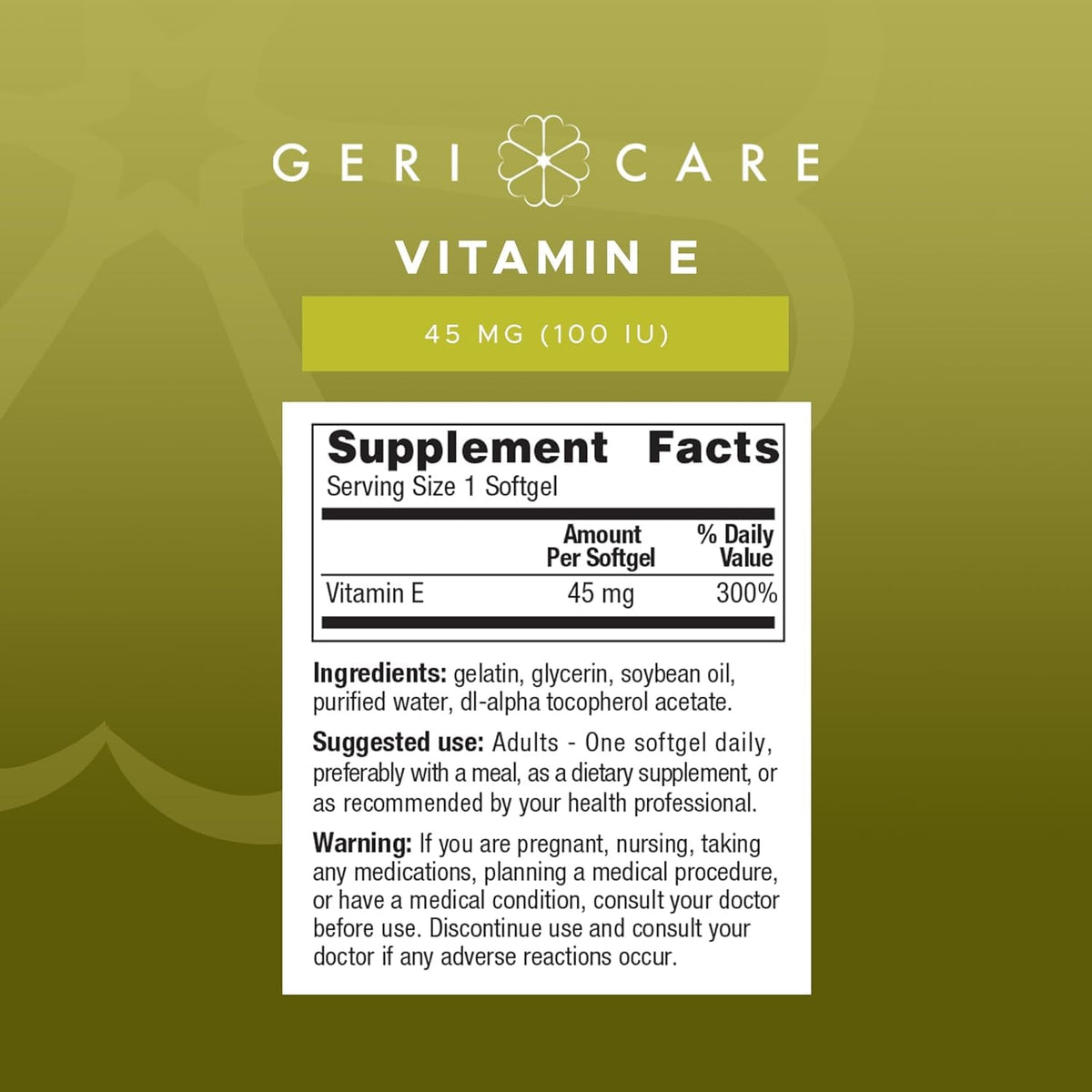 GeriCare Vitamine E 100 IU gélules avec d'autres compléments