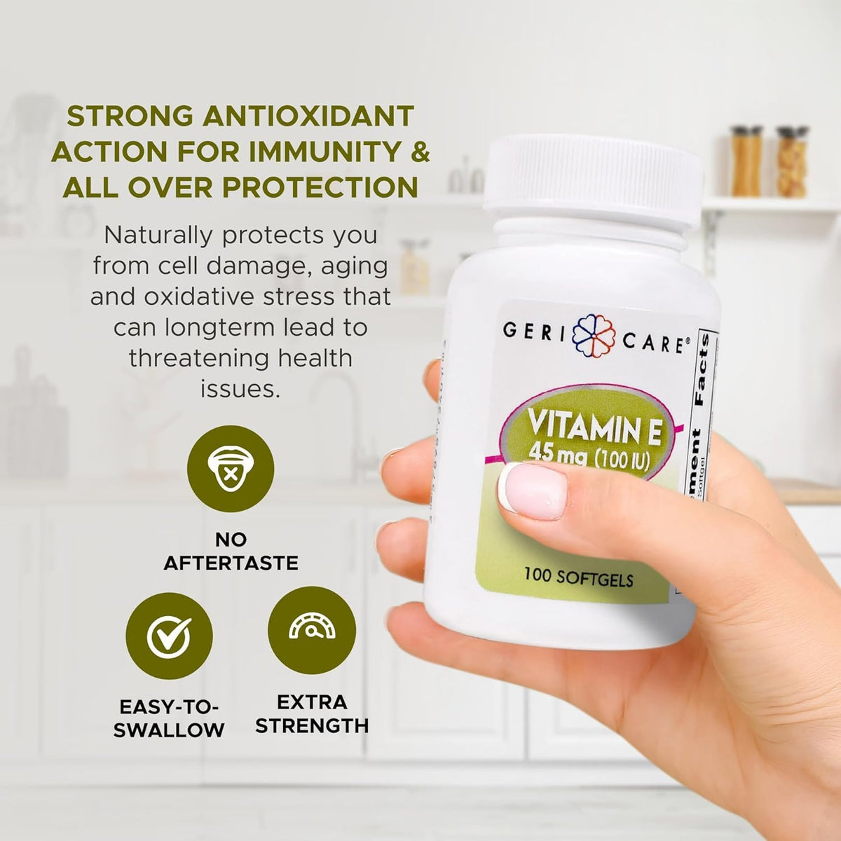 GeriCare Vitamine E 100 IU gélules avec étiquette