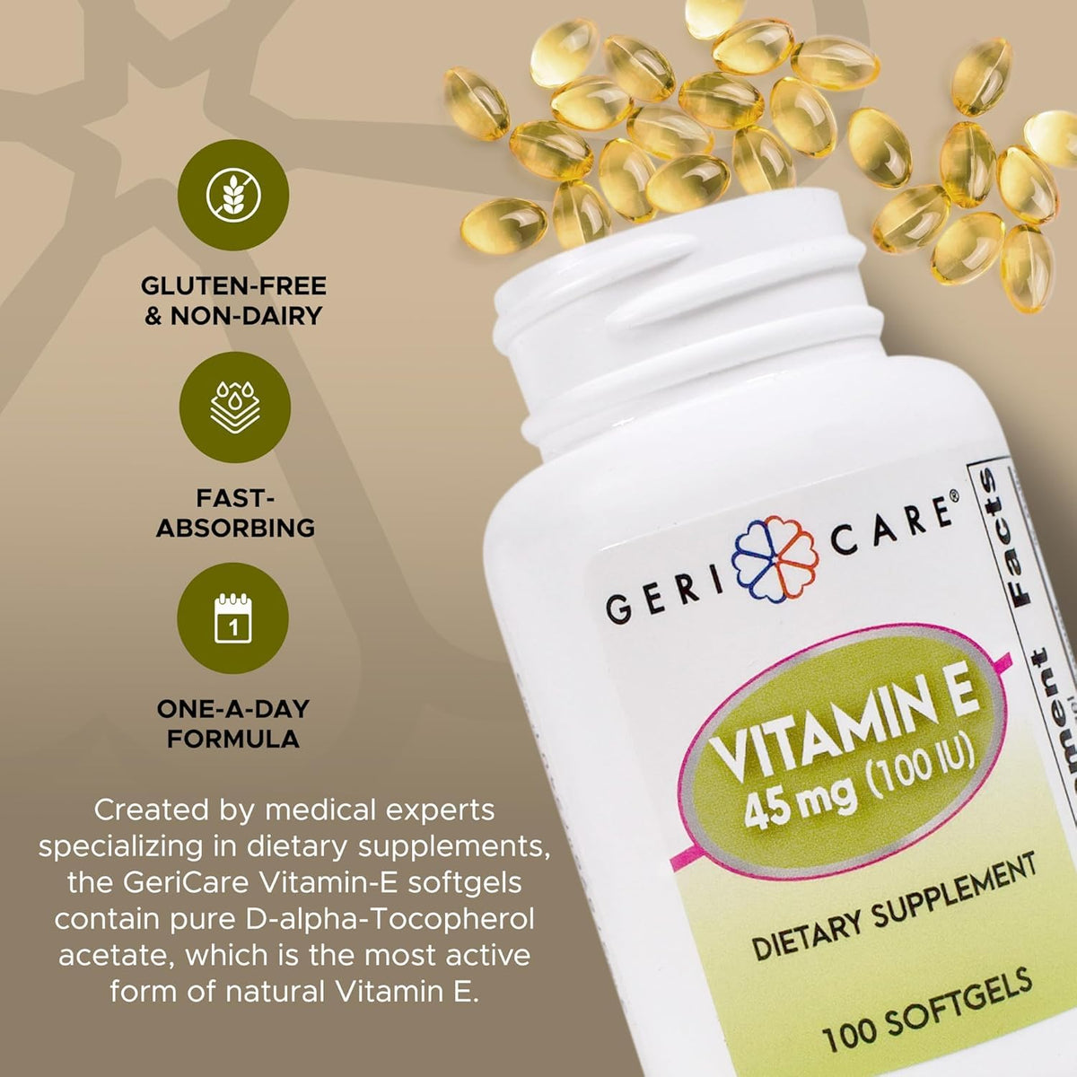 GeriCare Vitamine E 100 IU gélules sur fond blanc