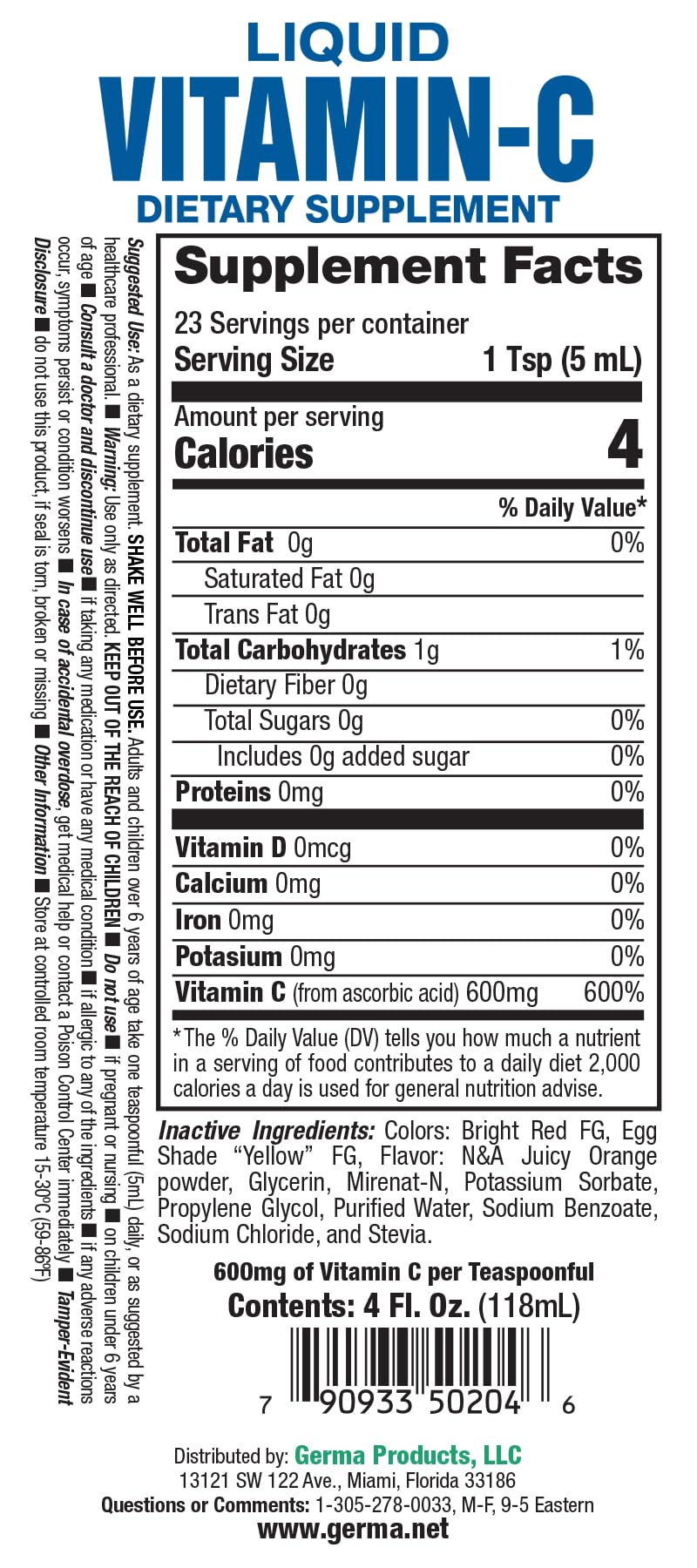 Germa Vitamine C Liquide 500mg 118ml affiché avec fruits