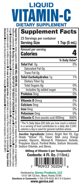Germa Vitamine C Liquide 500mg 118ml affiché avec fruits