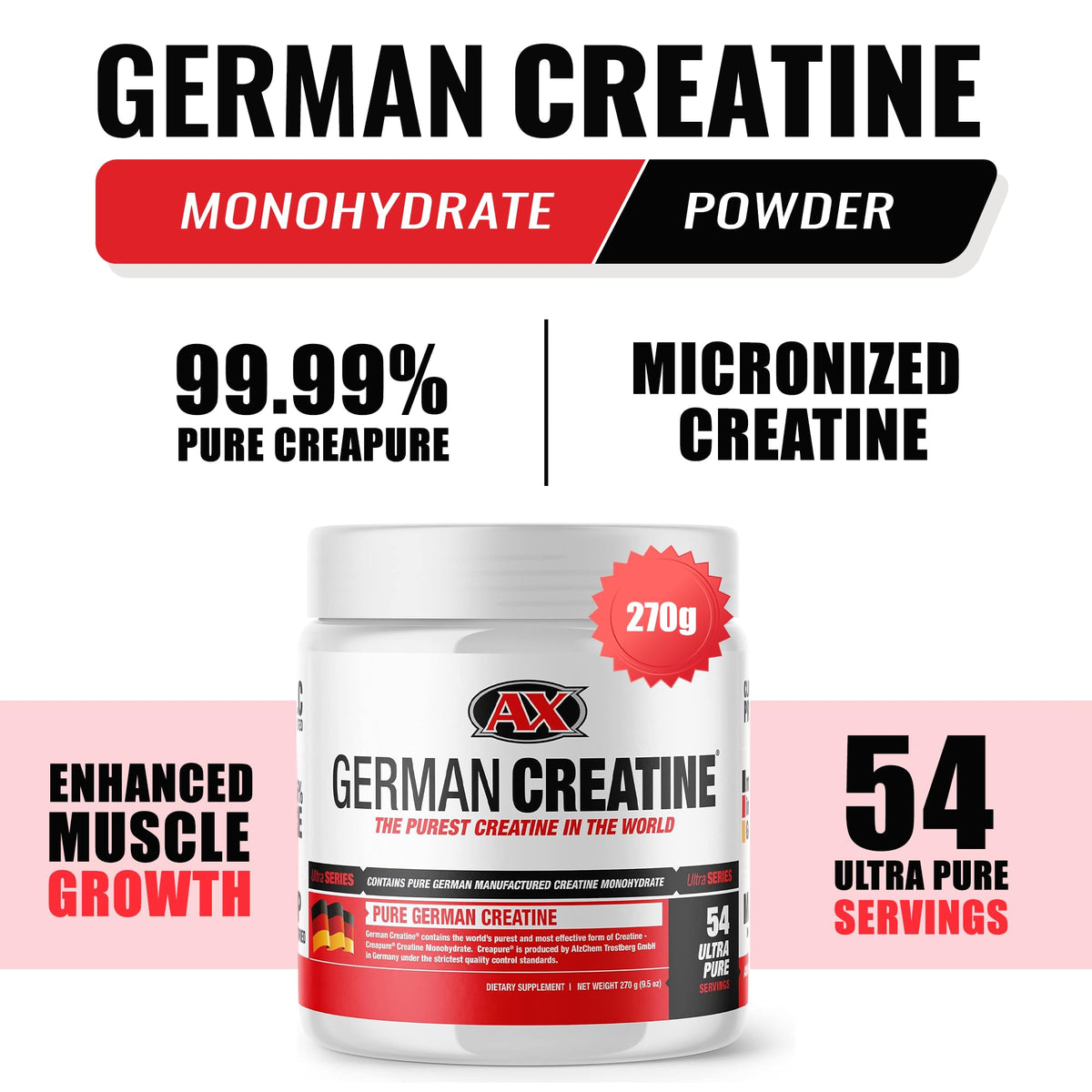 German Creatine Poudre de Créatine Monohydrate 270g étiquette