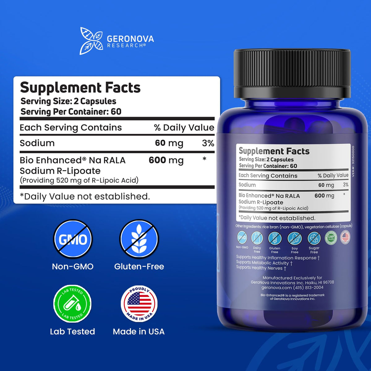 Geronova Research Acide R-Lipoïque Bio-Amélioré 600 mg, capsules sur une cuillère