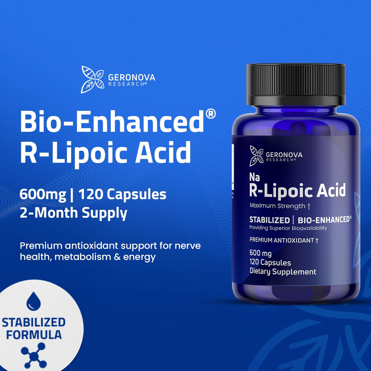 Geronova Research Acide R-Lipoïque Bio-Amélioré 600 mg, étiquette du produit