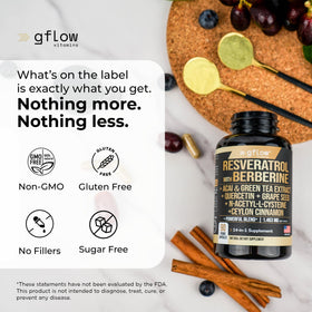 gflow vitamins Complément Alimentaire Resvératrol 1000mg avec des capsules sur une table