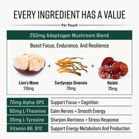 GGGJ Poches de Champignons Adaptogènes affichant les saveurs variées
