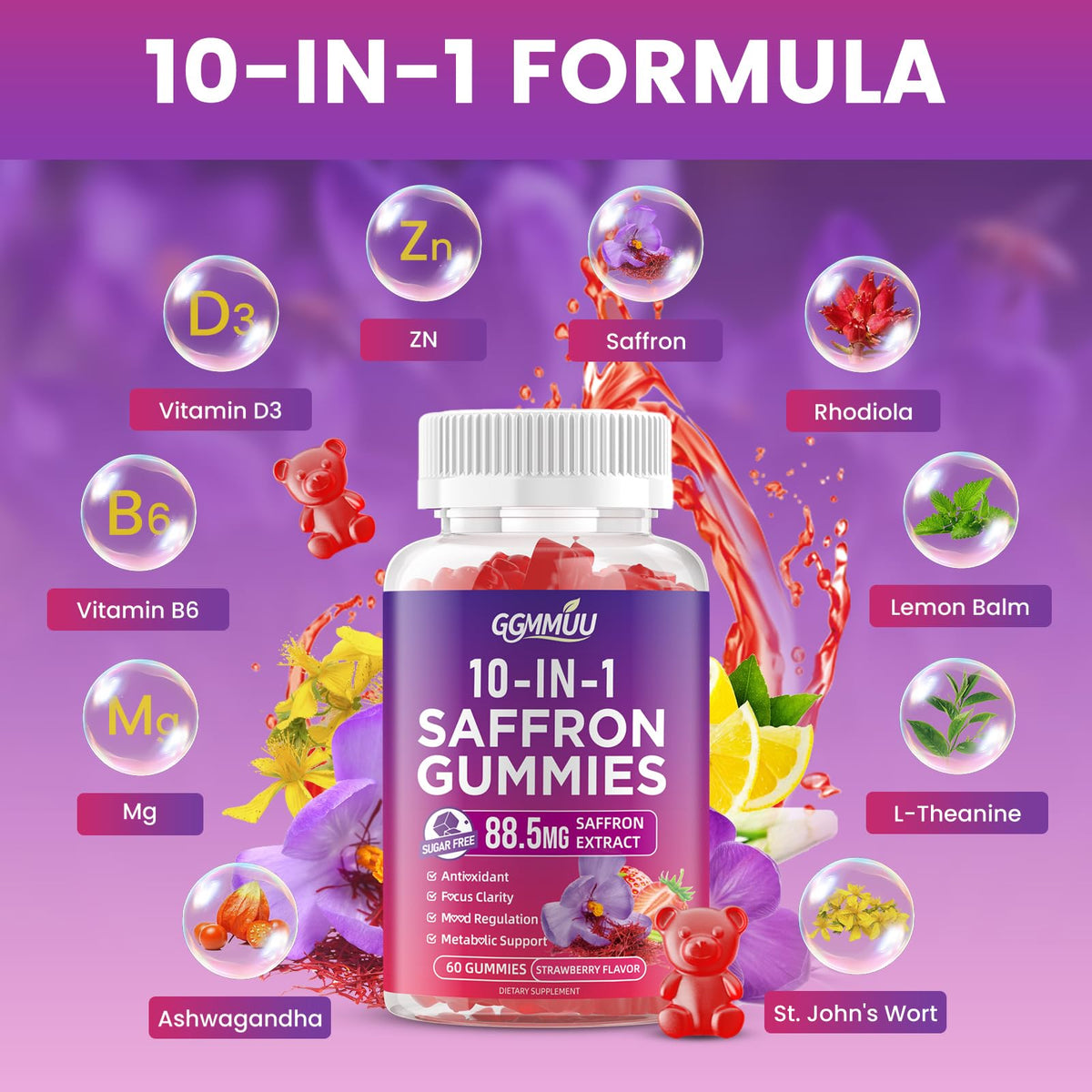GGMMUU Gummies de Safran 60 Comp. Saveur Fraise - prise quotidienne