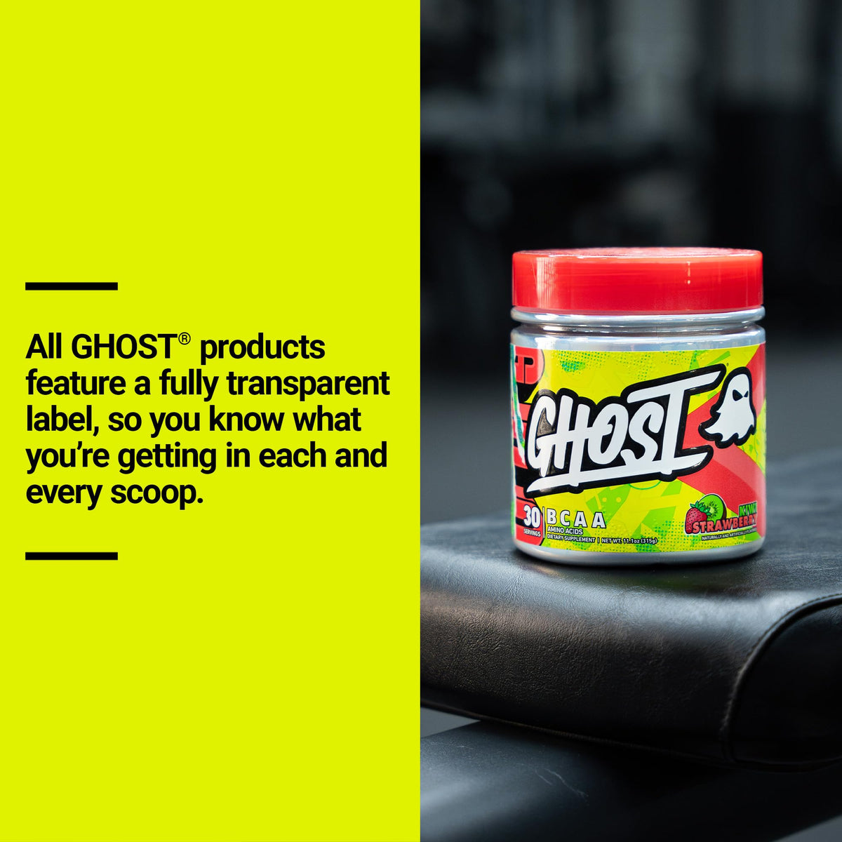 GHOST BCAA Kiwi Fraise sur une table avec fruits