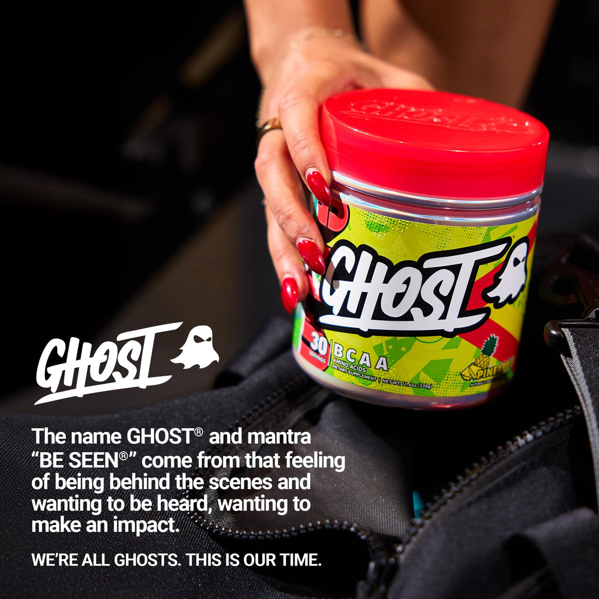 GHOST BCAA Poudre Ananas en gros plan sur étiquette