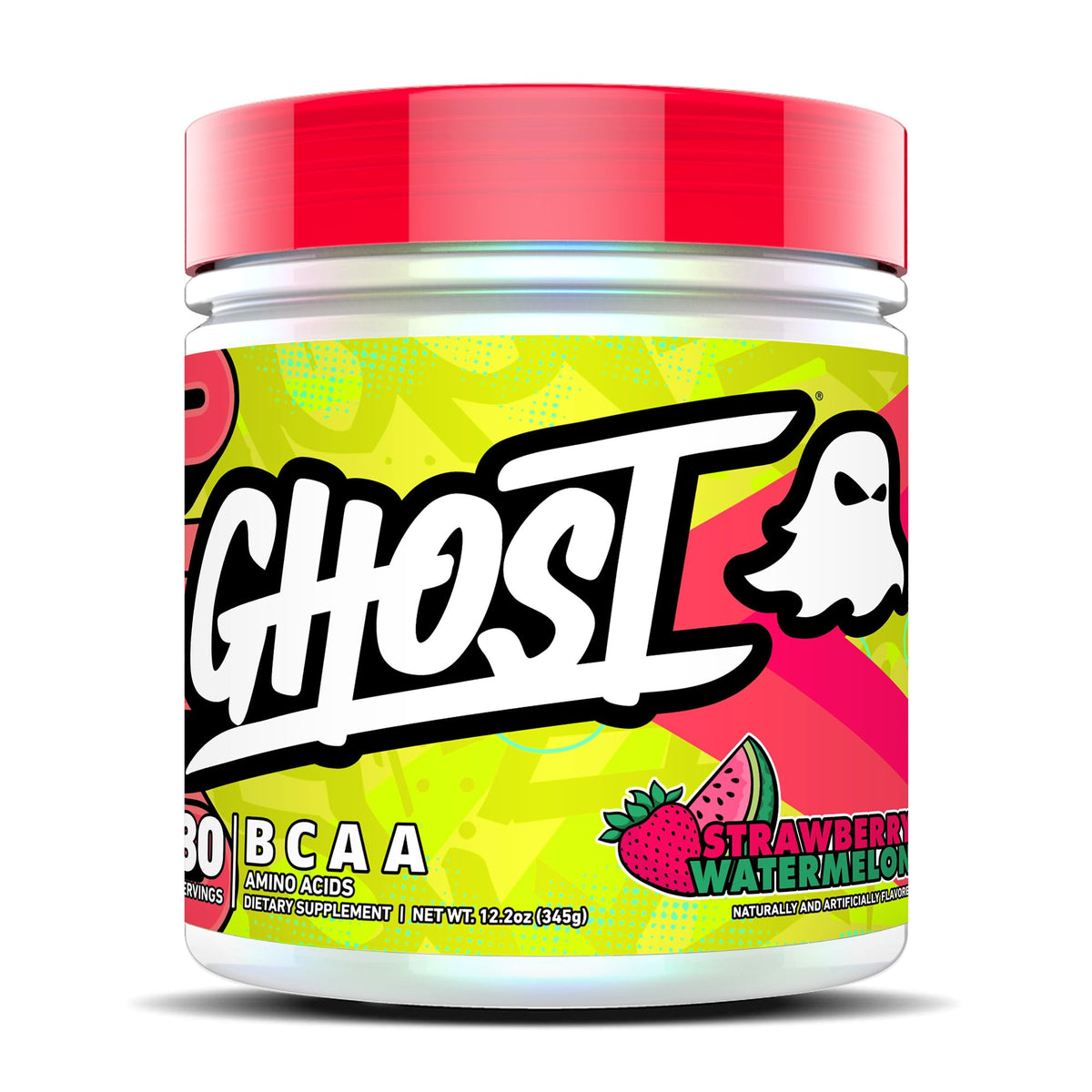 GHOST BCAA Poudre Fraise Pastèque devant vue avec étiquette