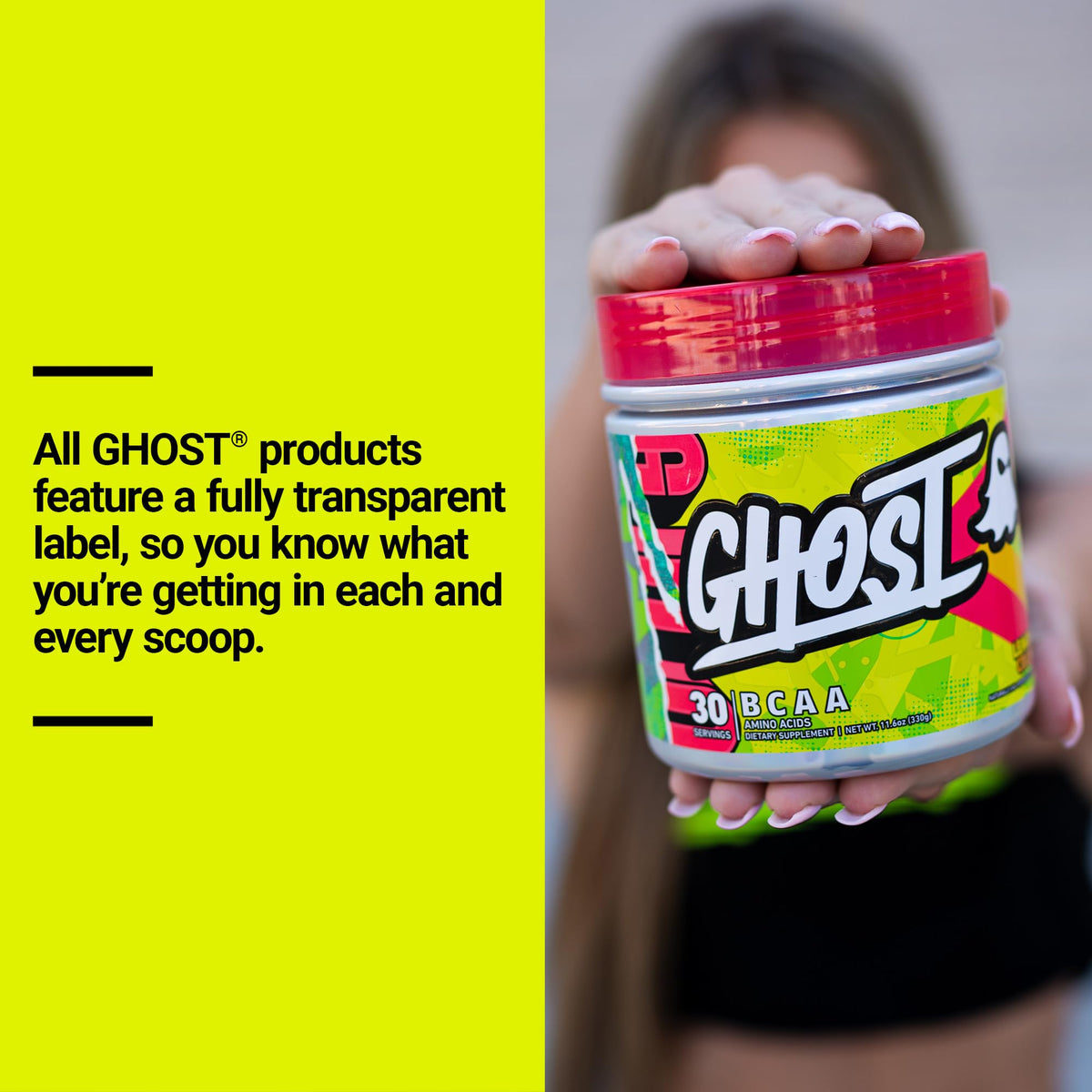 GHOST BCAA Poudre Saveur Citron affichée sur un bureau