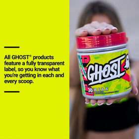 GHOST BCAA Poudre Saveur Citron affichée sur un bureau