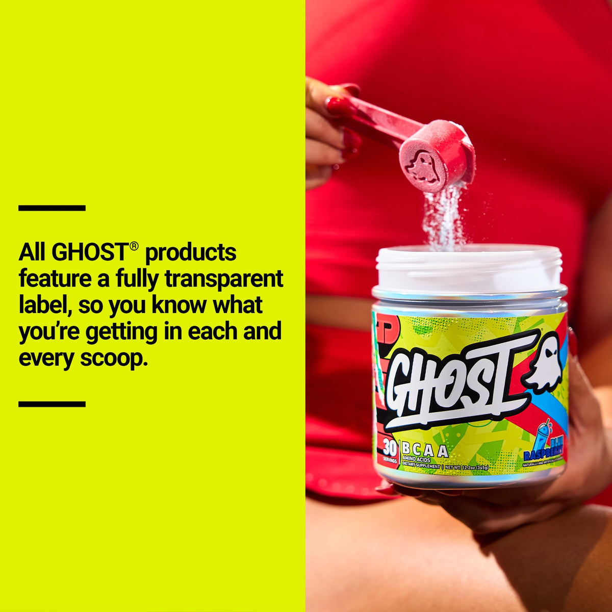 GHOST BCAA Poudre Saveur Framboise Bleue en contexte d'entraînement