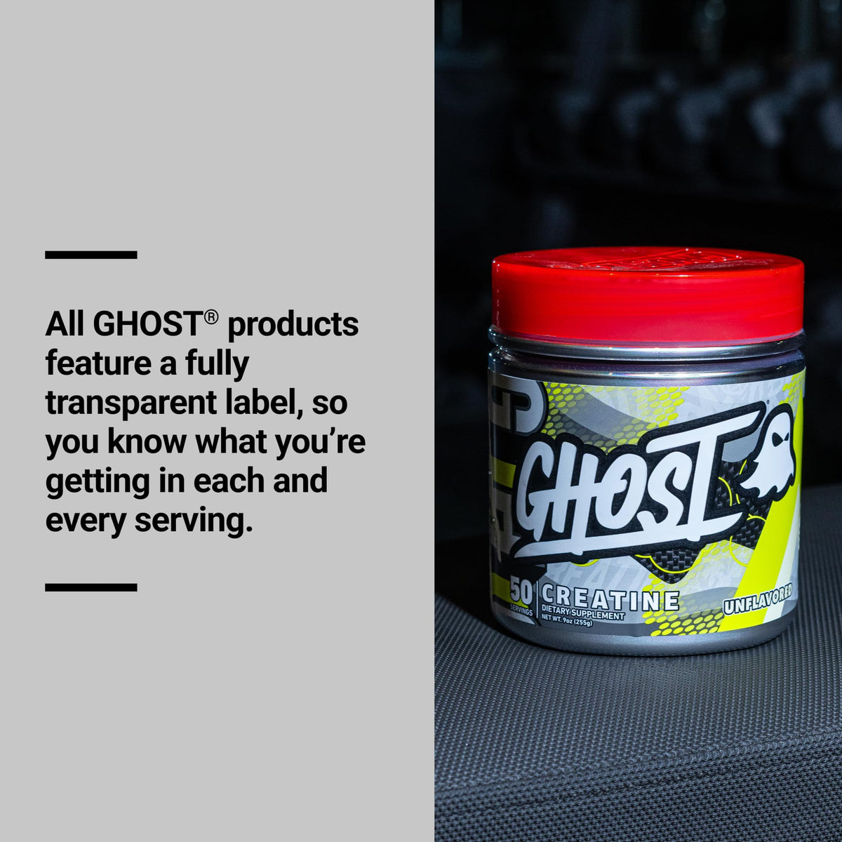 GHOST Creatine Monohydrate Poudre 5G OptiCreatine étiquette transparente