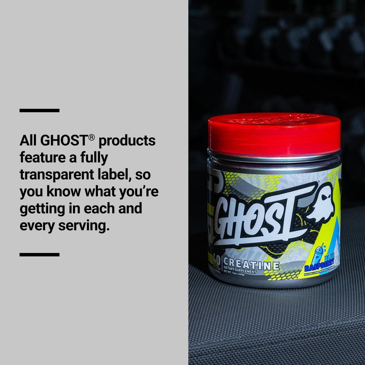 GHOST Creatine Monohydrate Poudre goût framboise bleue sur une table