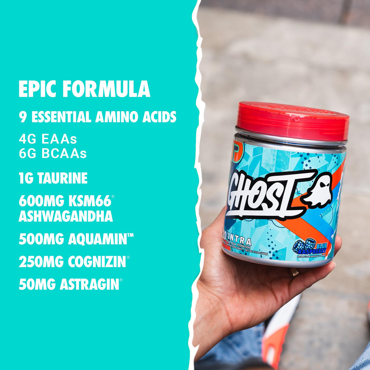 GHOST Poudre Intra-Workout Framboise Bleue 540g étiquette des ingrédients