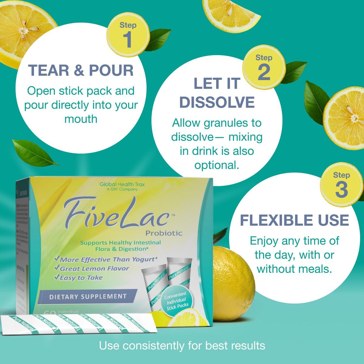 GHT FiveLac Poudre Probiotique Citron préparation dans un verre
