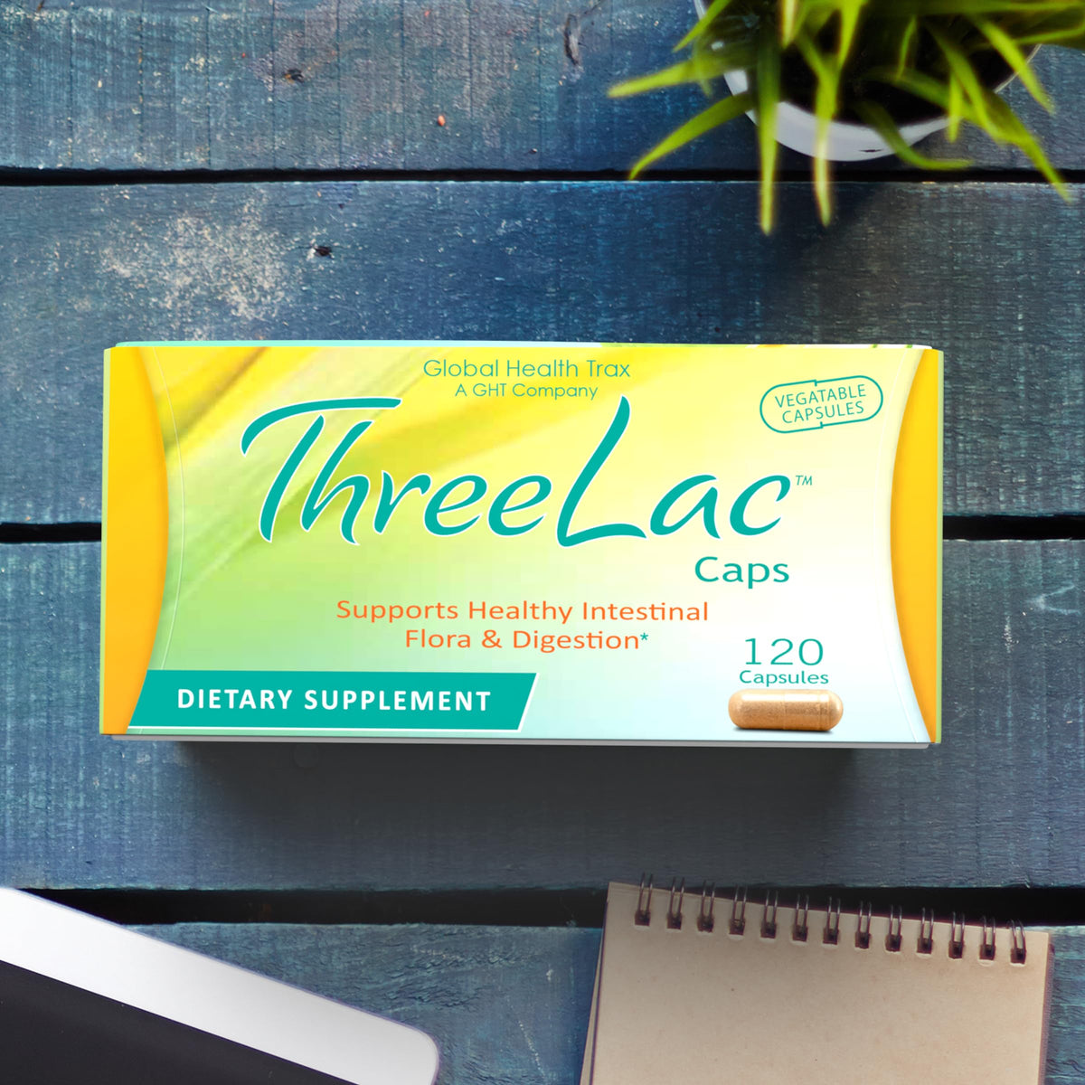 GHT Global Health Trax ThreeLac Capsules avec un verre d'eau