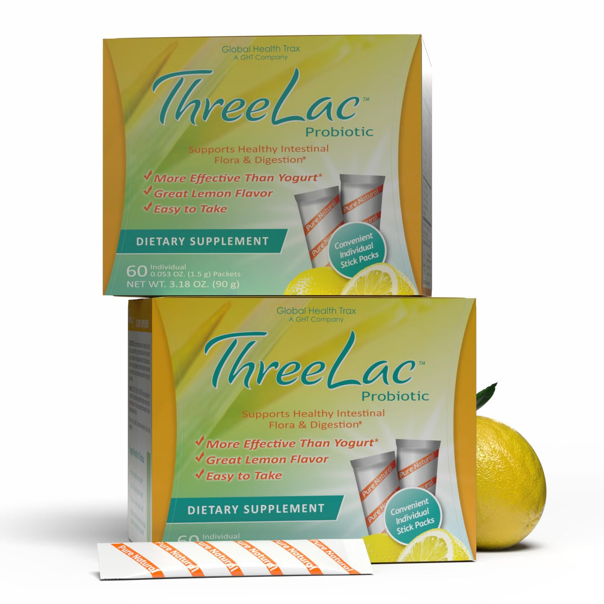 GHT Global Health Trax ThreeLac Mélange Probiotique Citron sachets en boîte