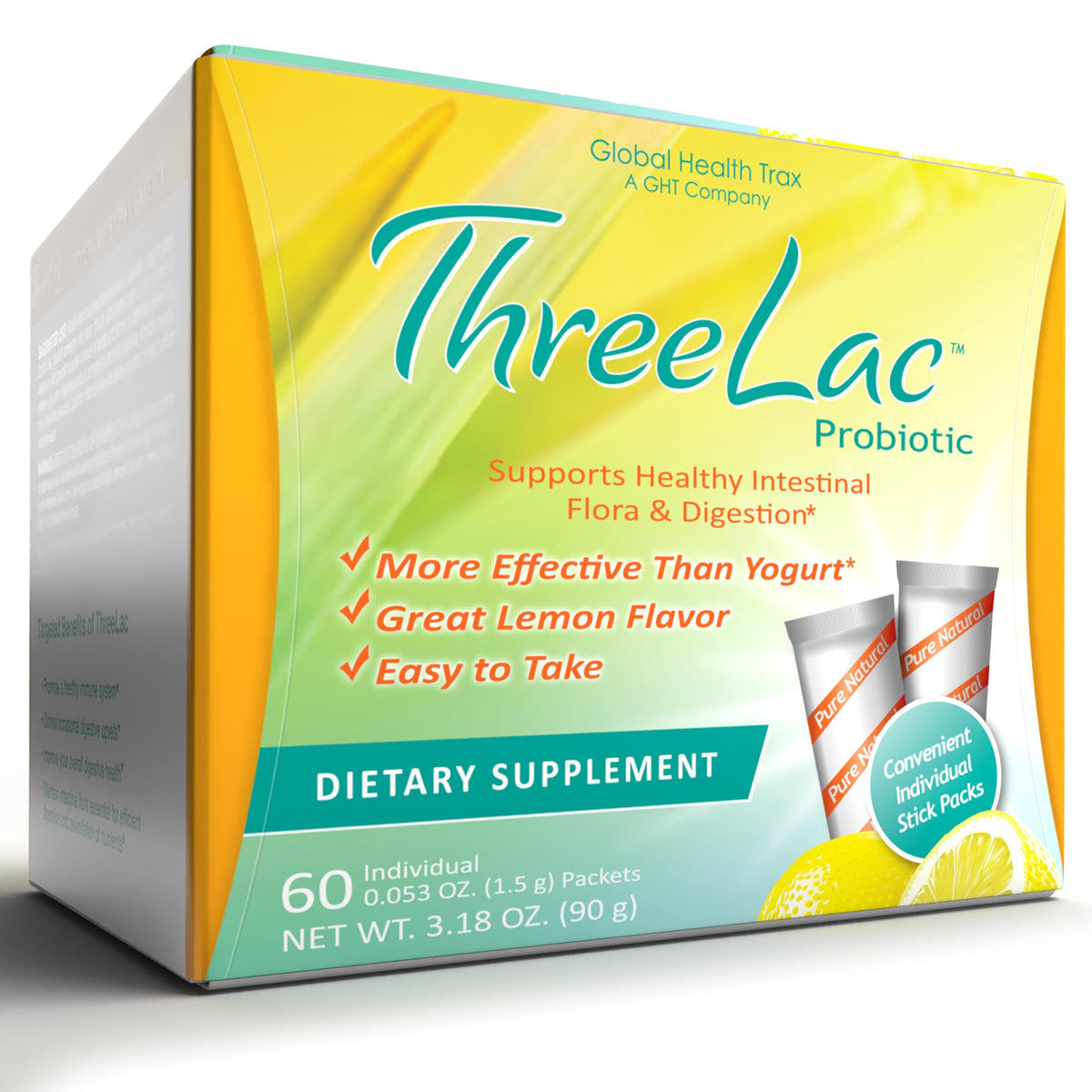 GHT Global Health Trax ThreeLac Mélange Probiotique Citron sachets en boîte