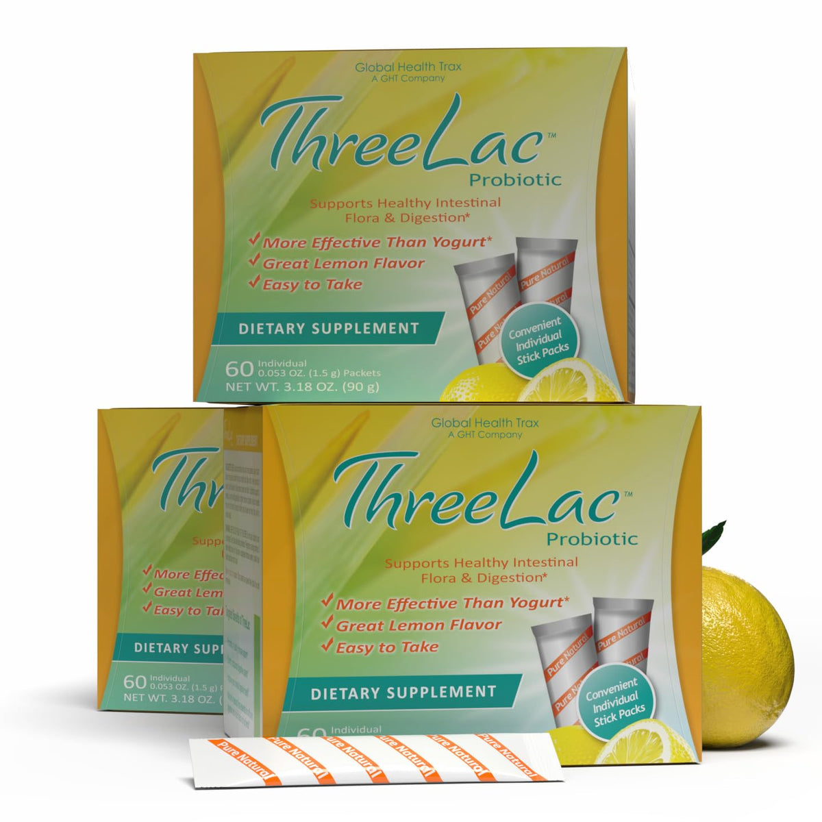 GHT Global Health Trax ThreeLac Mélange Probiotique Citron sachets en boîte