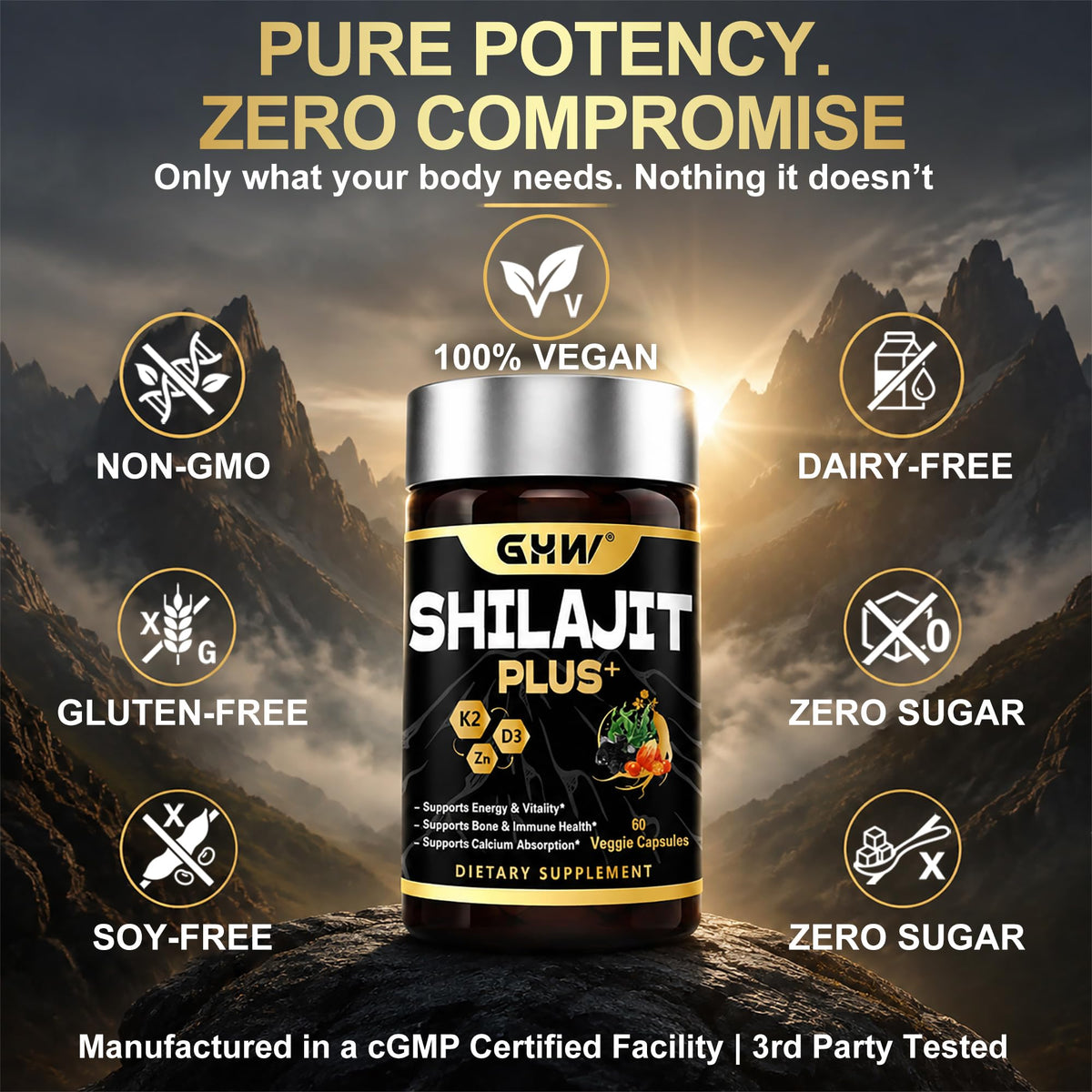 GHW Shilajit Pur Himalayen capsules with a glass of water