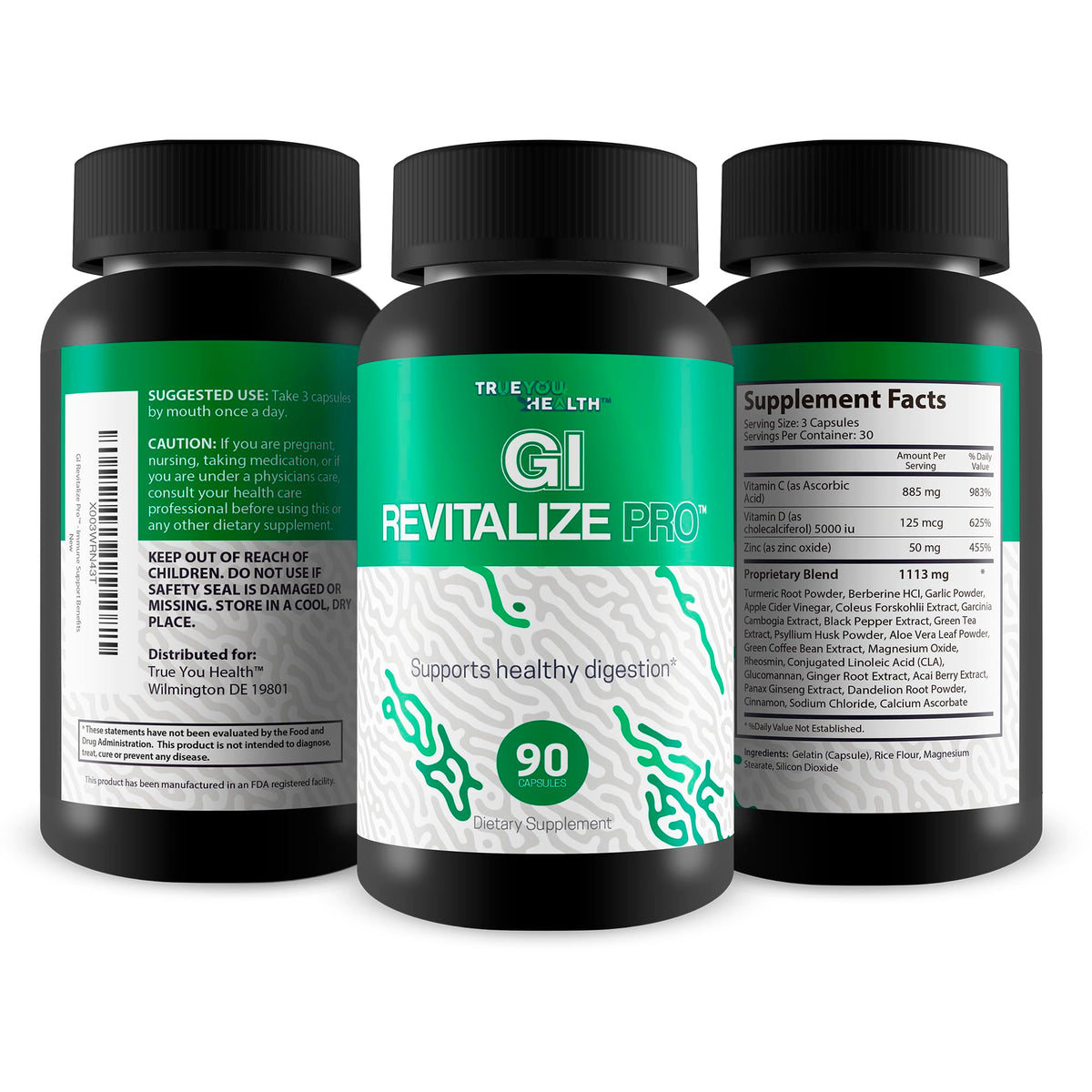GI Revitalize Pro, capsules sur une surface blanche