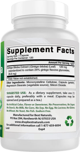 Ginkgo Biloba 120 mg capsules à côté d'un verre d'eau