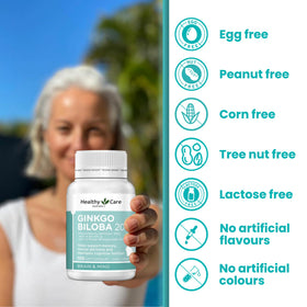 Ginkgo Biloba 2000mg Healthy Care capsules sur fond blanc