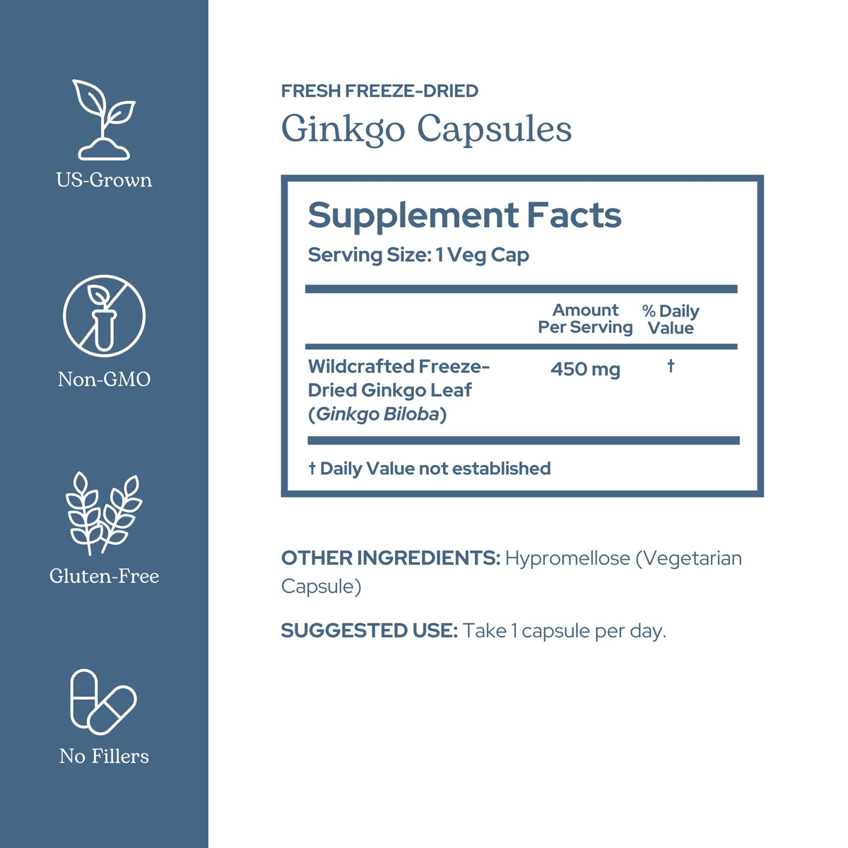 Ginkgo Biloba Capsules 450 mg ECLECTIC INSTITUTE étiquette arrière