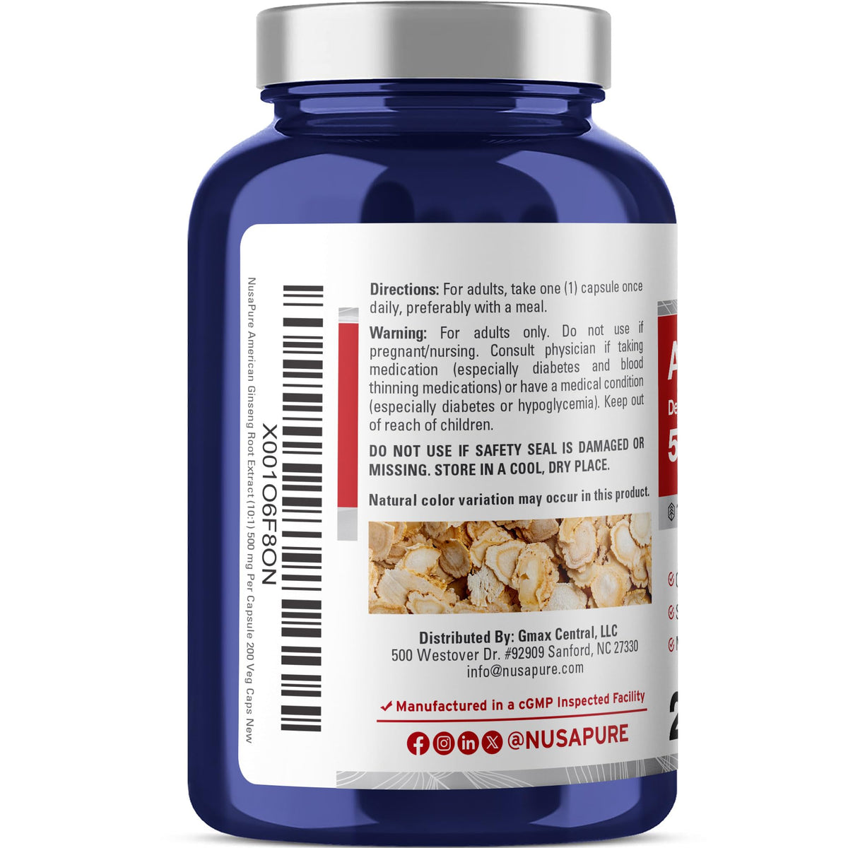 Ginseng Américain NusaPure 500mg sur un fond blanc