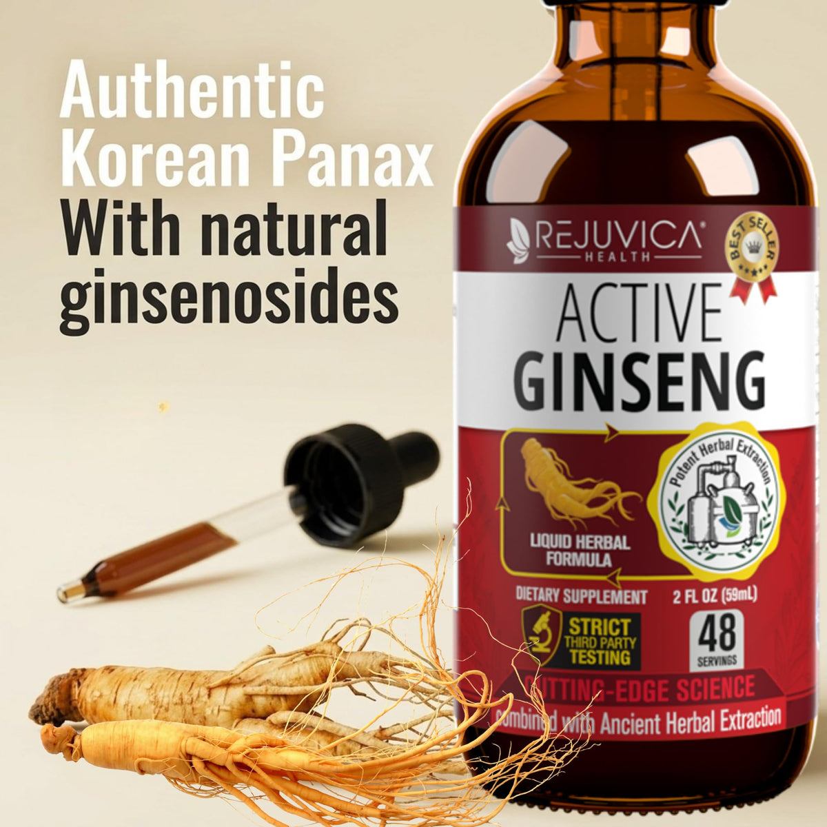 Ginseng Coréen Panax Rejuvica Health près d'un verre d'eau