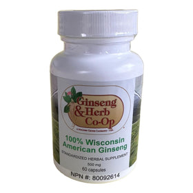 GINSENG & HERB CO-OP Ginseng américain pur 500mg capsules sur table