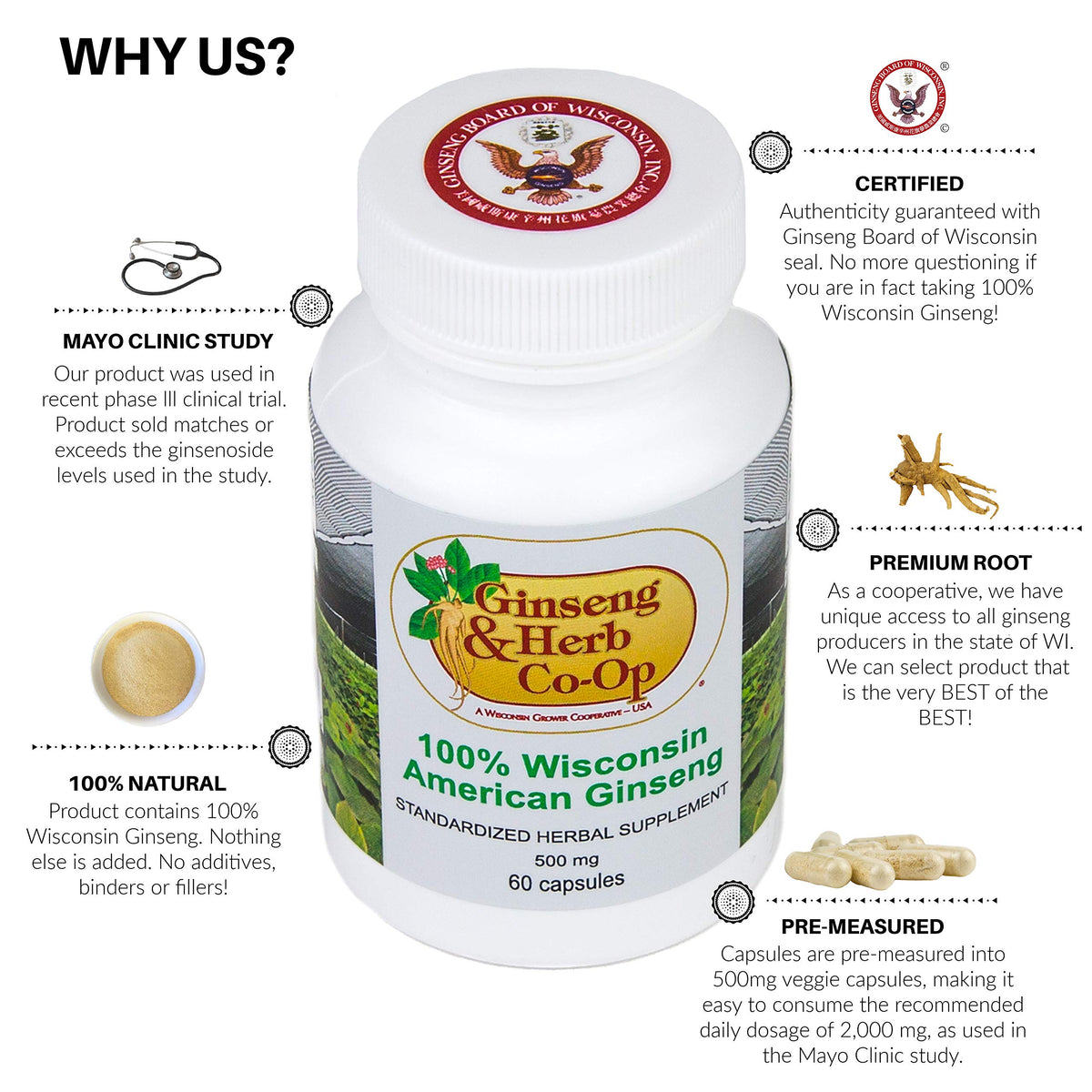 GINSENG & HERB CO-OP Ginseng américain pur 500mg capsules vue de côté