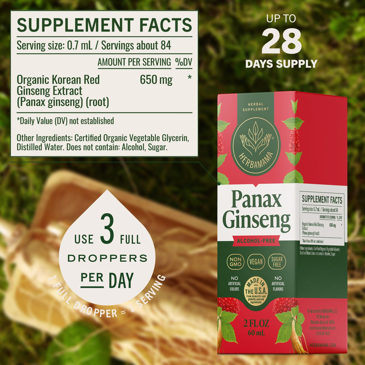 Ginseng Panax HERBAMAMA sur une table avec un verre d'eau