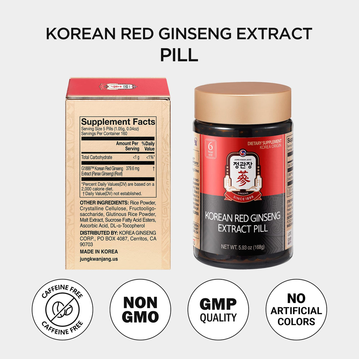 Ginseng rouge coréen JUNG KWAN JANG avec ingrédients sur fond blanc
