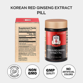 Ginseng rouge coréen JUNG KWAN JANG avec ingrédients sur fond blanc