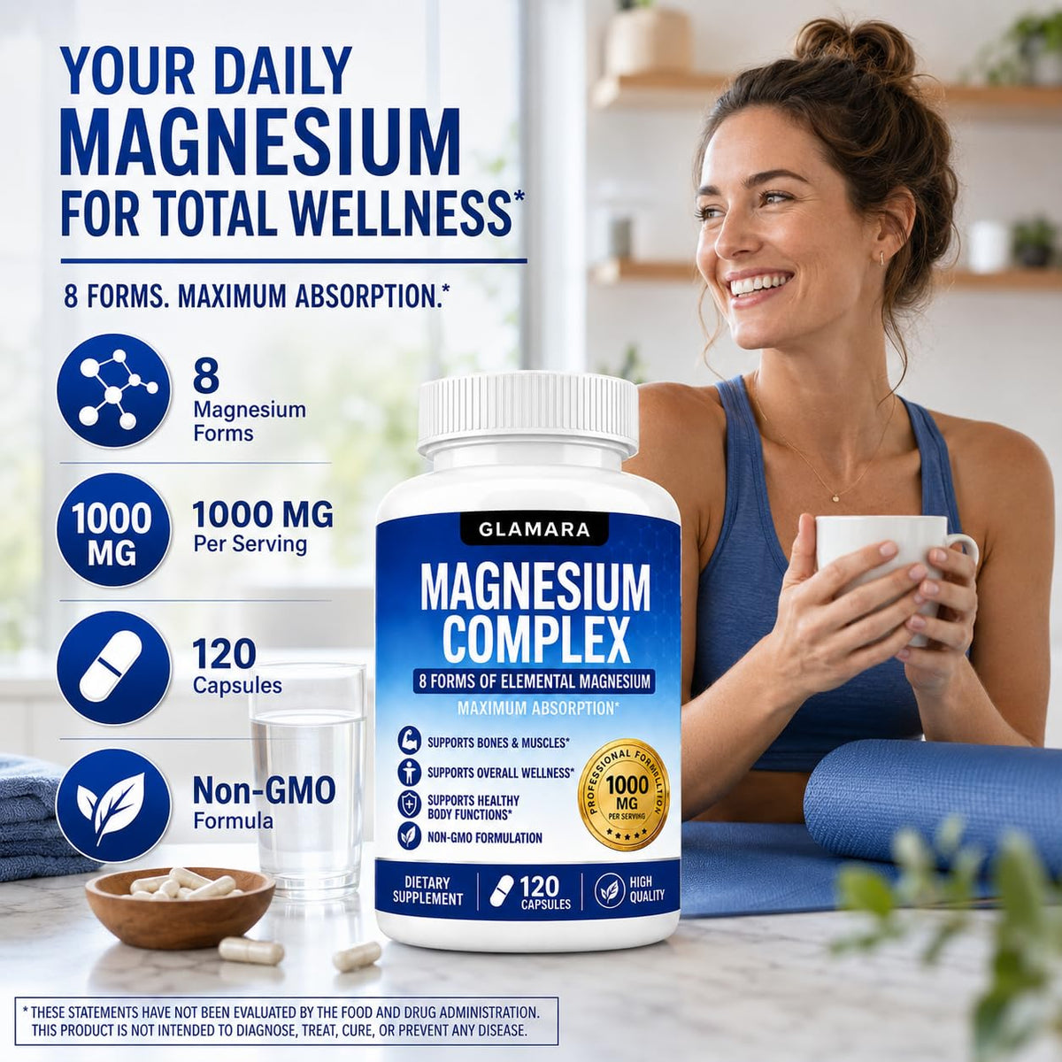 GLAMARA Magnesium Complex 1000mg bottle on a table