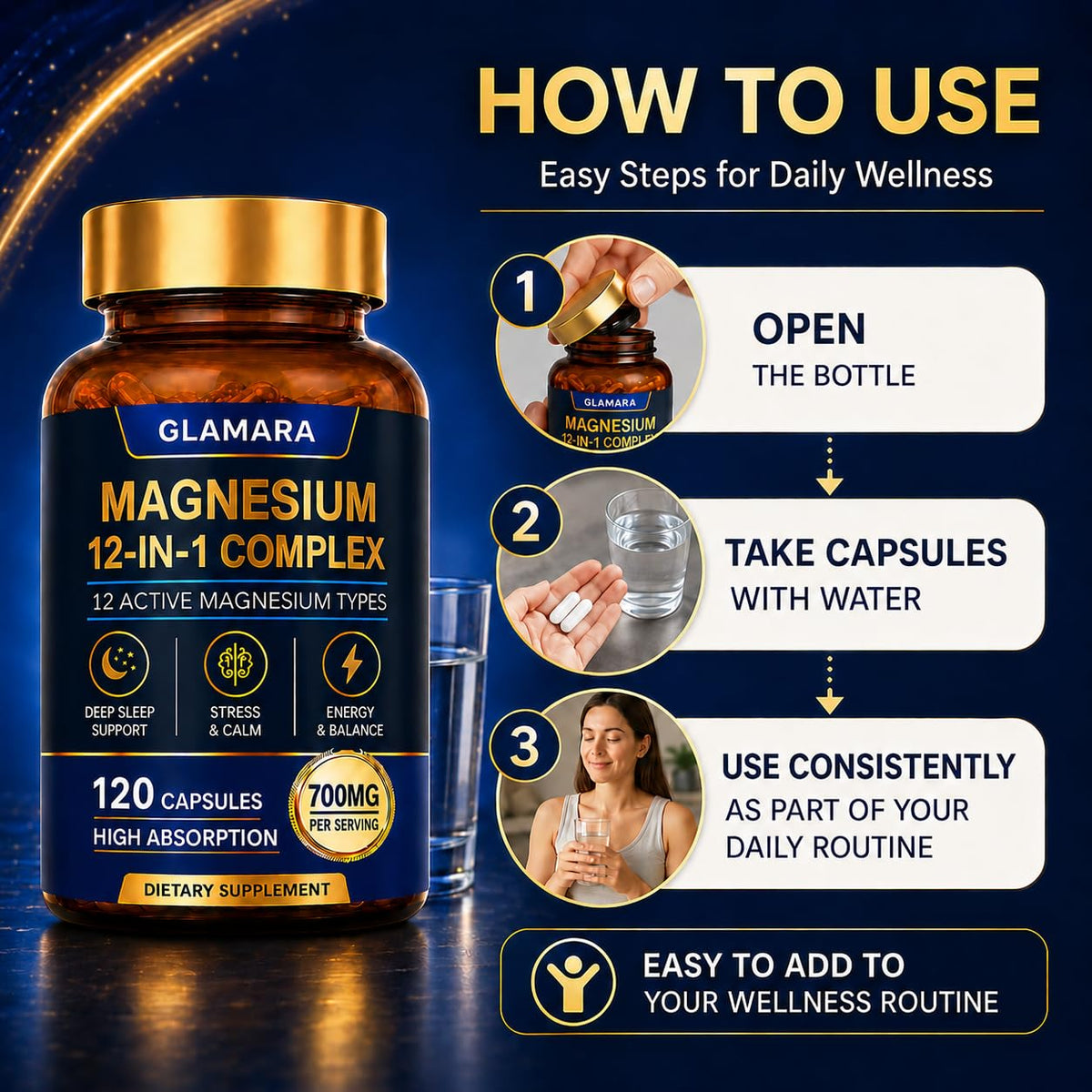 GLAMARA Magnesium Complex 12 en 1 120 Capsules sur une table