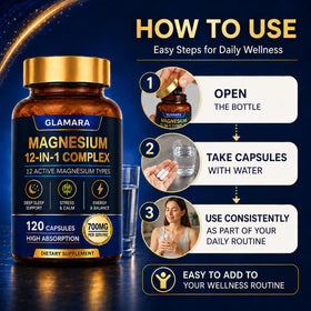 GLAMARA Magnesium Complex 12 en 1 120 Capsules sur une table